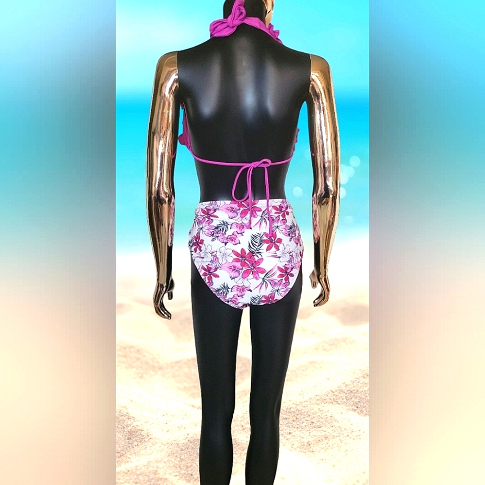 Pink Floral Bikini Set Swim Suit High Waist Ruched Design - Picture 8 of 11